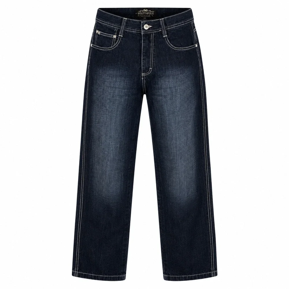 Southpole Mens Baggy Indigo Jeans White Contrast Stitch Y2K Streetwear 32x30